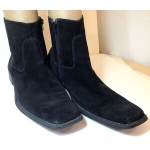Kenneth Cole Mens Size 11.5M Black Suede Leather Boots Side Zip Square Toe Ankle